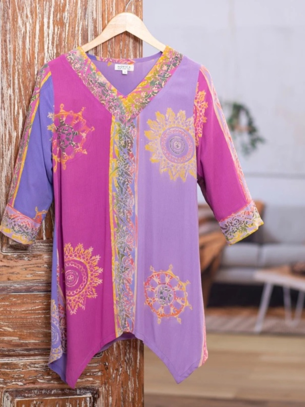 Novica Balinese Twilight in Purple Tunic Top Sz L Hand Batik 3/4 Sleeve Boho